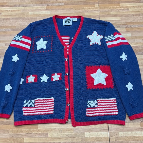 Storybook Knits Vintage Cardigan Sweater Patriotic Flag Stars Red/White/Blue XL - Picture 1 of 10